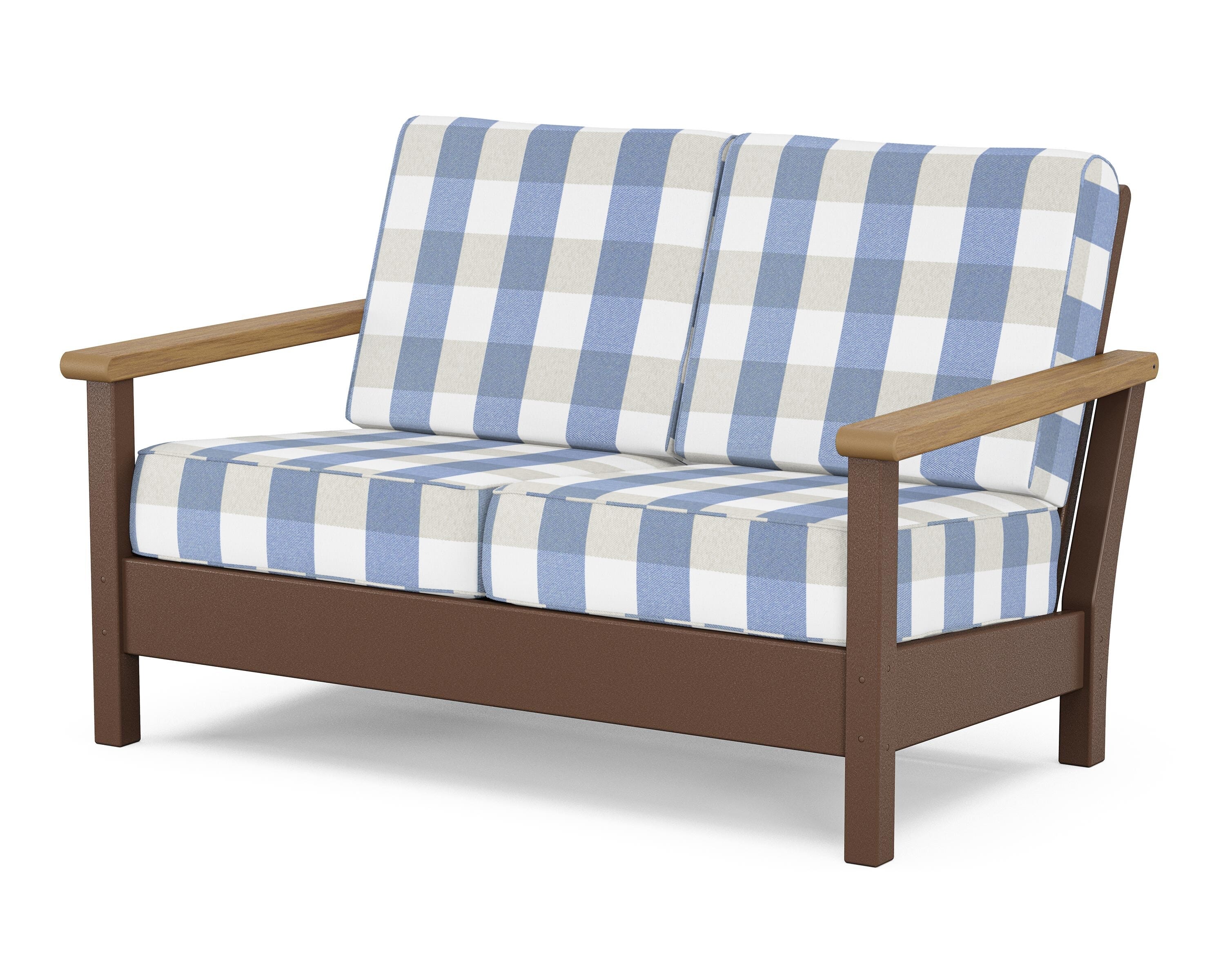 POLYWOOD® Harbour Deep Seating Loveseat in Mahogany / Natural / Buffalo Plaid Sky Blue