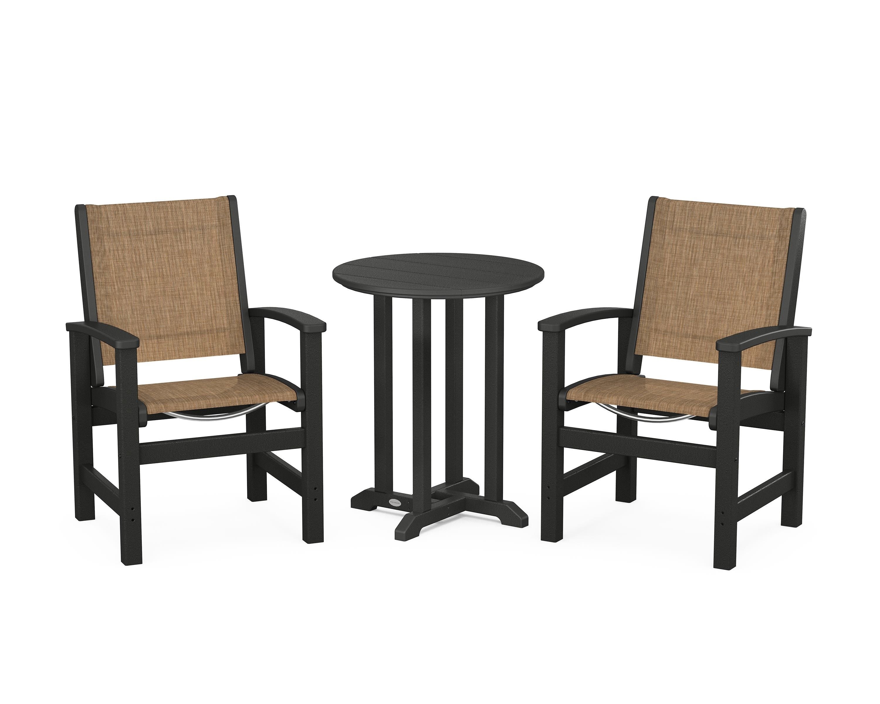 POLYWOOD® Coastal 3-Piece Round Bistro Dining Set in Black / Burlap Sling