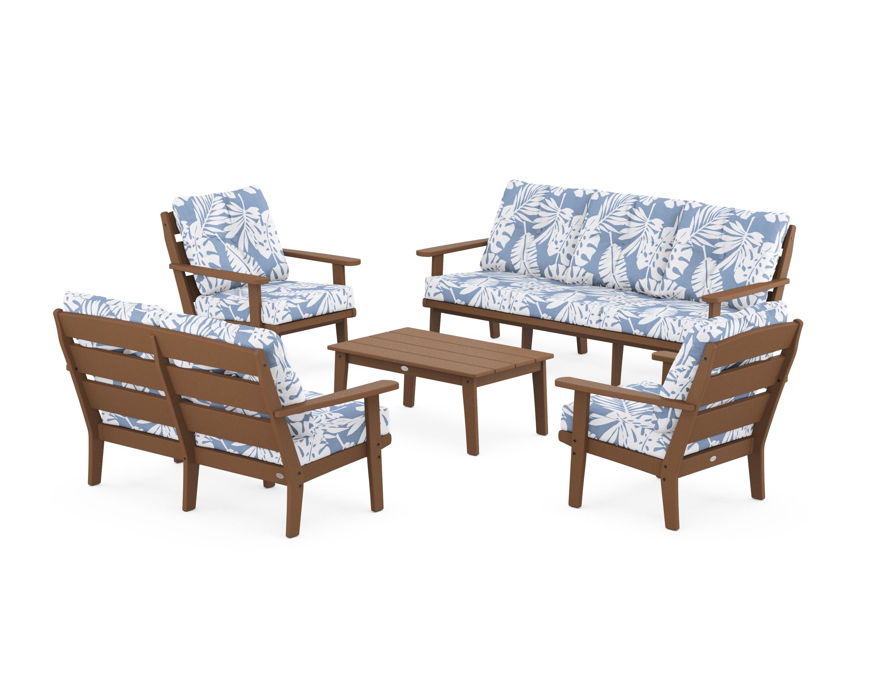 POLYWOOD® Lakeside 5-Piece Lounge Sofa Set in Teak / Leaf Sky Blue