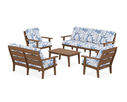 POLYWOOD® Lakeside 5-Piece Lounge Sofa Set in Teak / Leaf Sky Blue