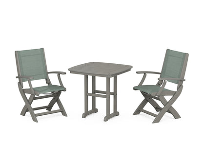 POLYWOOD® Coastal Folding Chair 3-Piece Dining Set in Slate Grey / Dupioni Sea Mist Sling