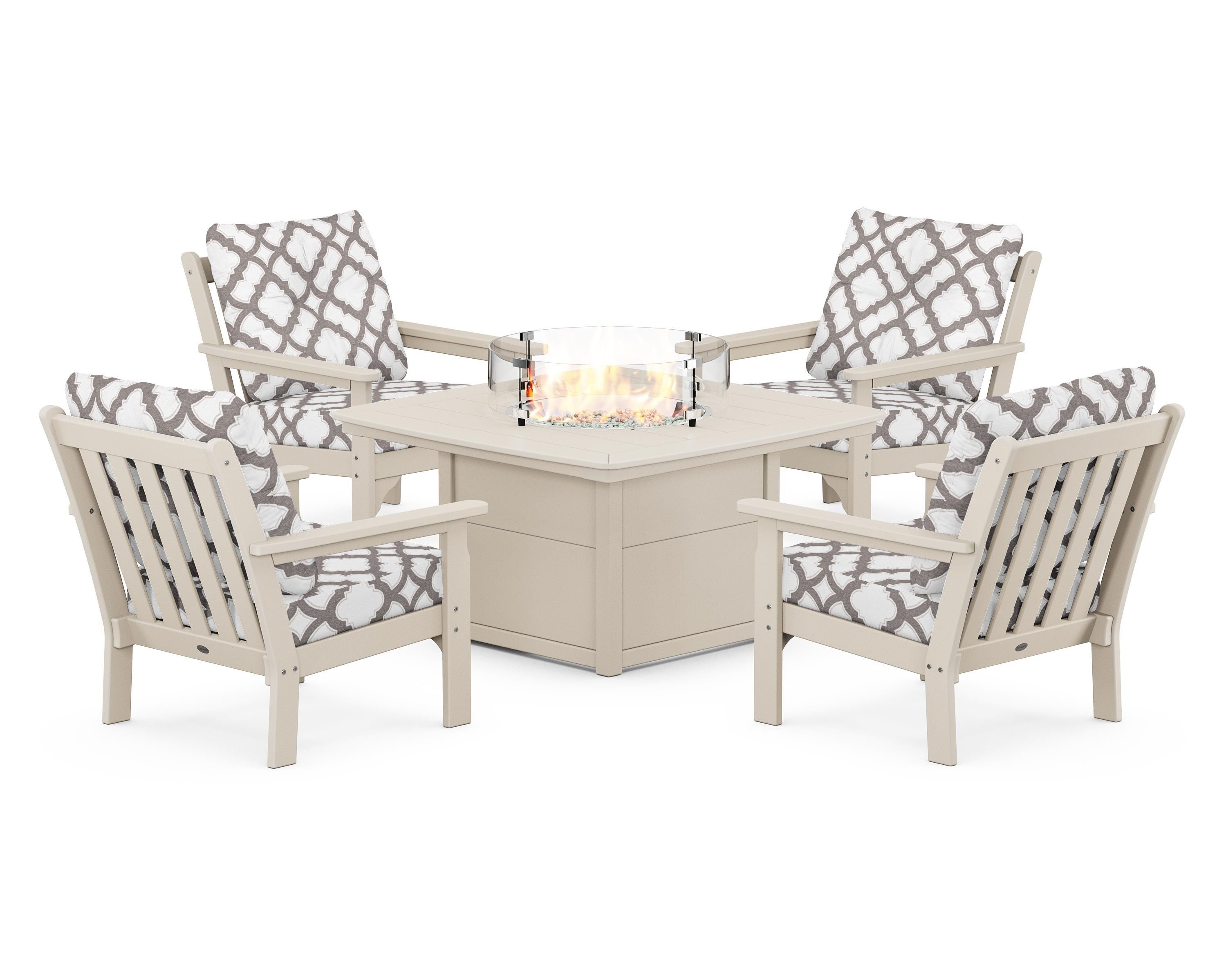 POLYWOOD® Vineyard 5-Piece Conversation Set with Fire Pit Table in Sand / Trellis Grey Mist