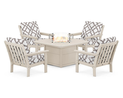POLYWOOD® Vineyard 5-Piece Conversation Set with Fire Pit Table in Sand / Trellis Grey Mist
