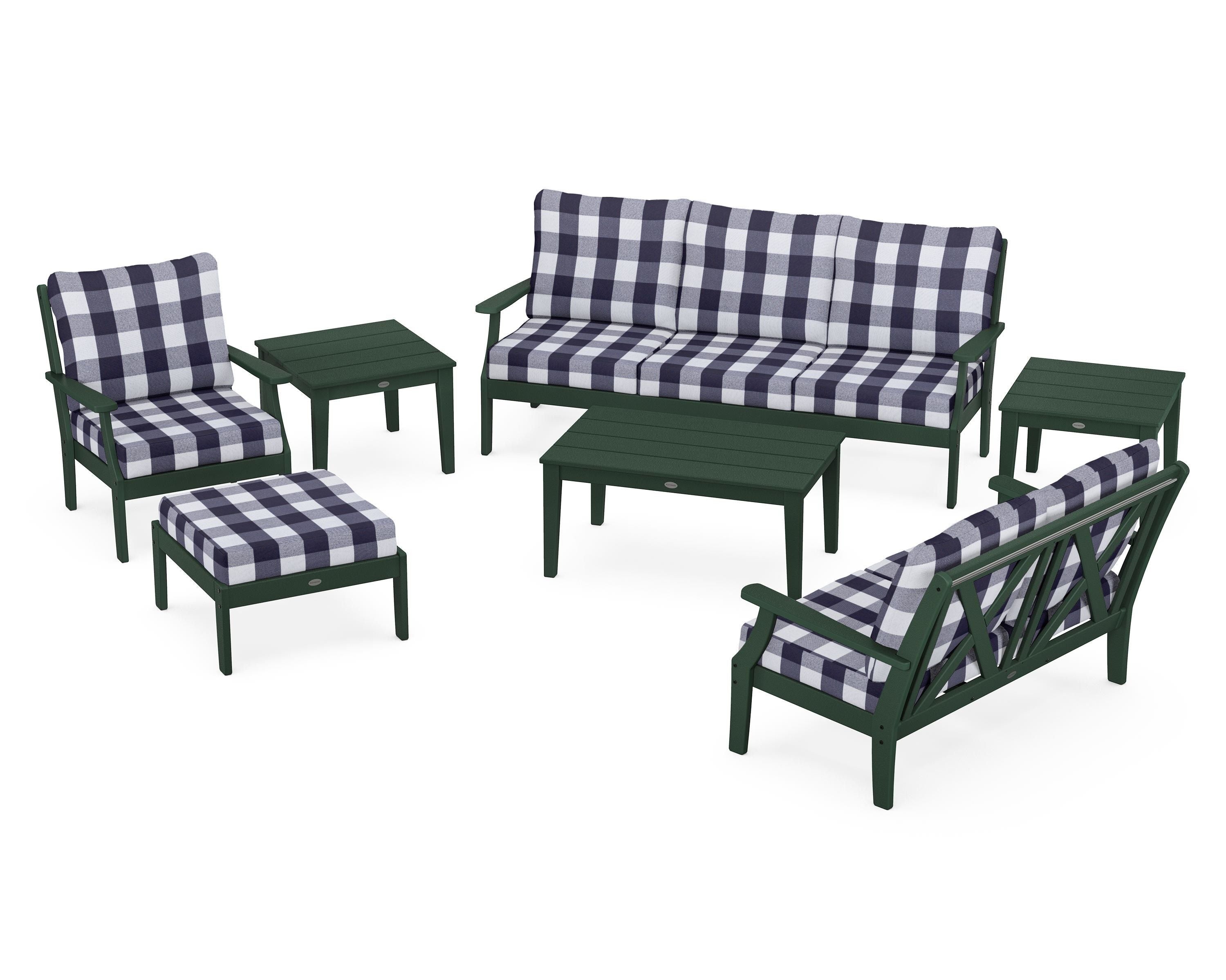 POLYWOOD® Braxton 7-Piece Deep Seating Set in Green / Buffalo Plaid Navy