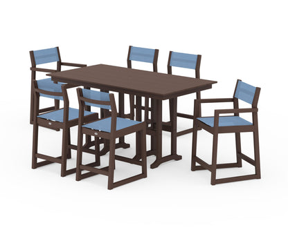 POLYWOOD® EDGE Sling 7-Piece Farmhouse Counter Set with Trestle Legs in Mahogany / Poolside Sling