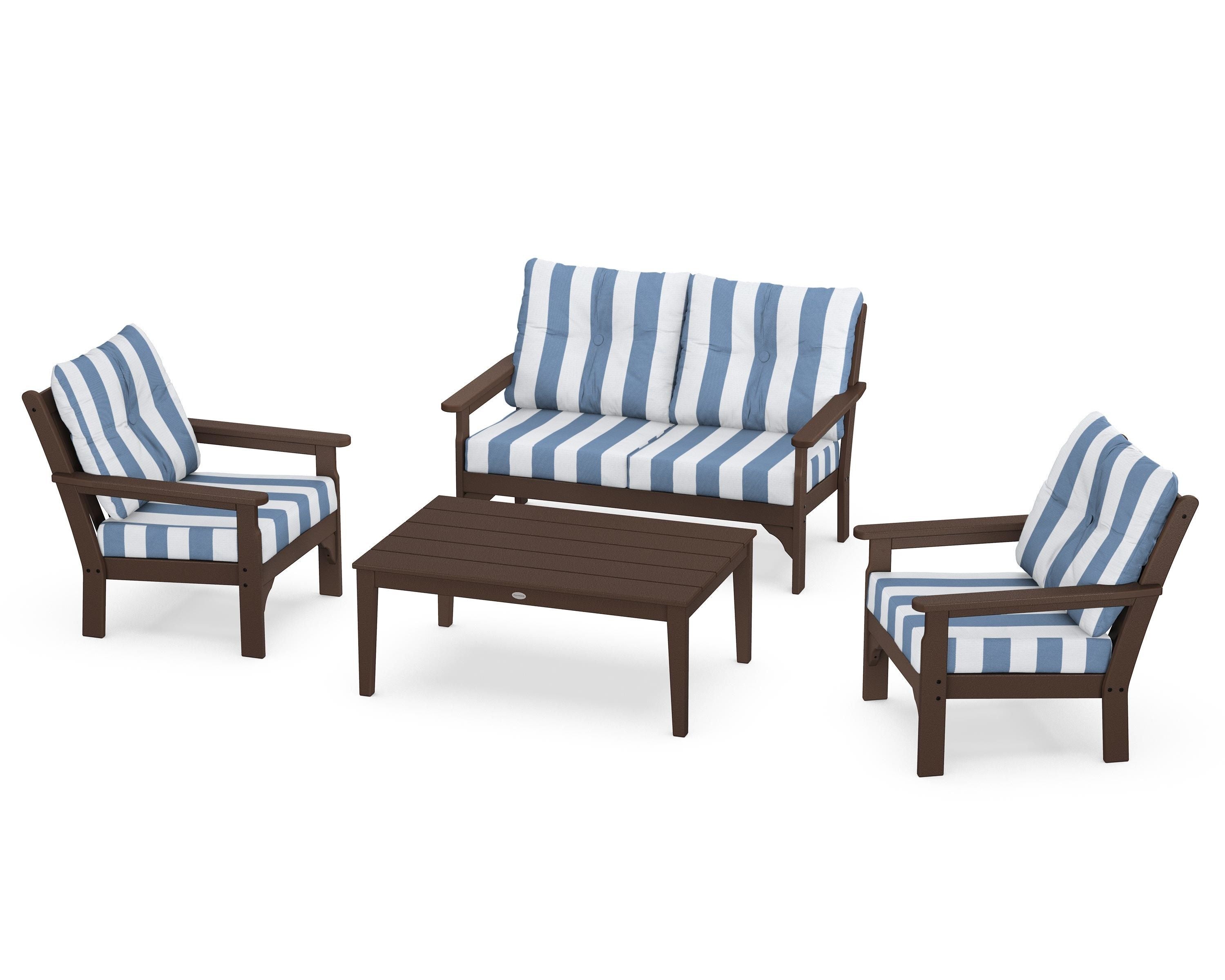POLYWOOD® Vineyard 4-Piece Deep Seating Set in Mahogany / Cabana Stripe Sky Blue