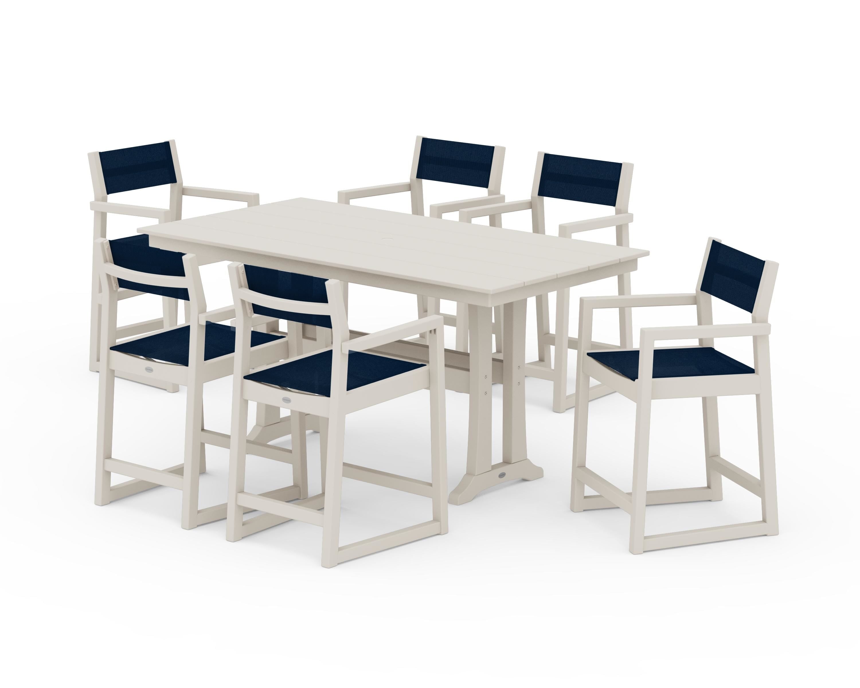POLYWOOD® EDGE Sling Arm Chair 7-Piece Farmhouse Counter Set with Trestle Legs in Sand / Navy Blue Sling