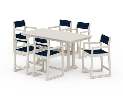 POLYWOOD® EDGE Sling Arm Chair 7-Piece Farmhouse Counter Set with Trestle Legs in Sand / Navy Blue Sling