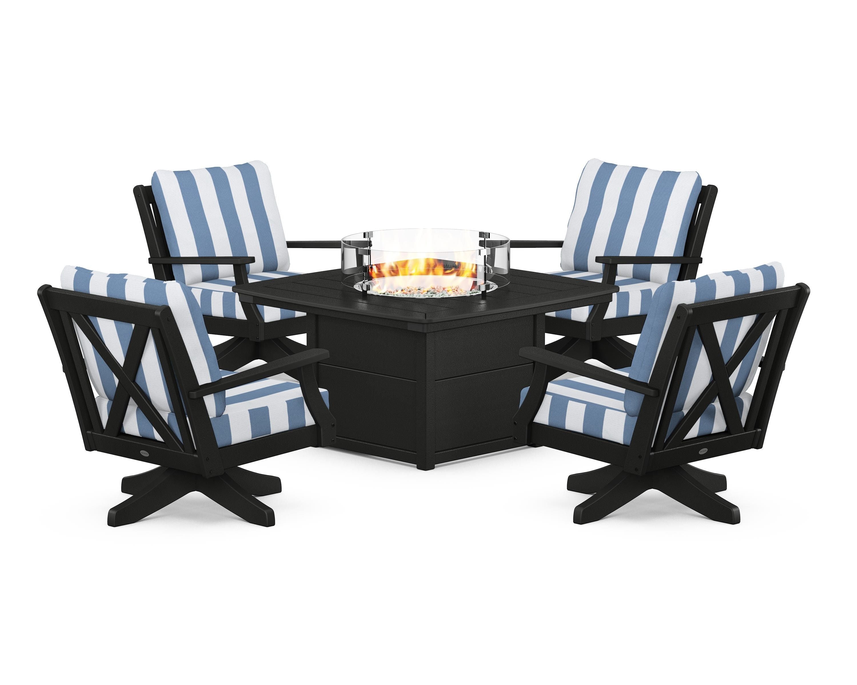 POLYWOOD® Braxton 5-Piece Deep Seating Swivel Conversation Set with Fire Pit Table in Black / Cabana Stripe Sky Blue