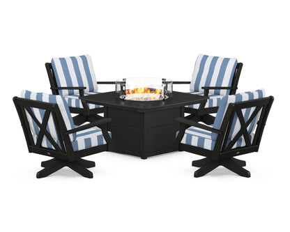 POLYWOOD® Braxton 5-Piece Deep Seating Swivel Conversation Set with Fire Pit Table in Black / Cabana Stripe Sky Blue