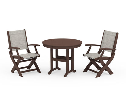POLYWOOD® Coastal Folding Chair 3-Piece Round Dining Set in Mahogany / Birch Sling