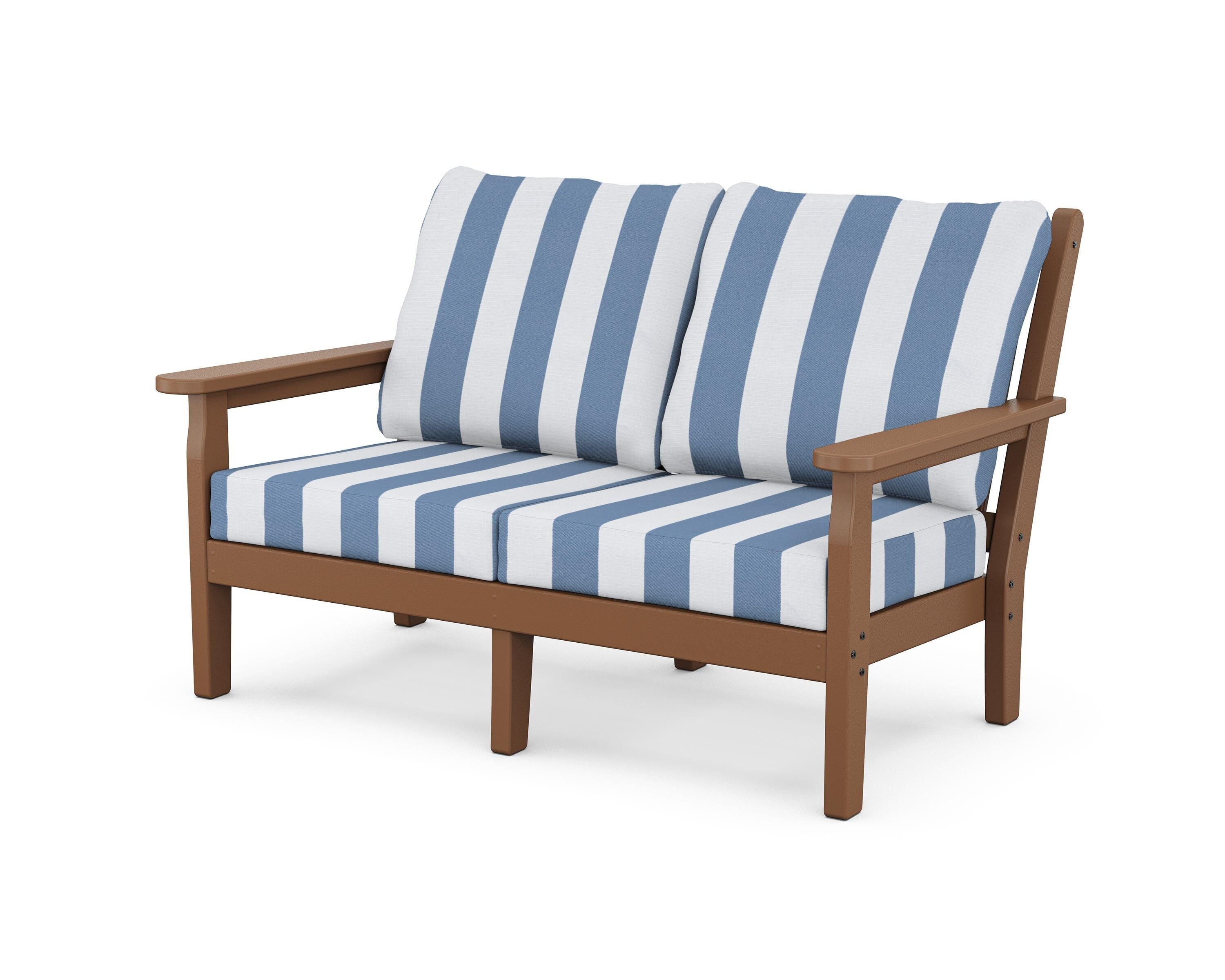 POLYWOOD® Chippendale Deep Seating Loveseat in Teak / Cabana Stripe Sky Blue