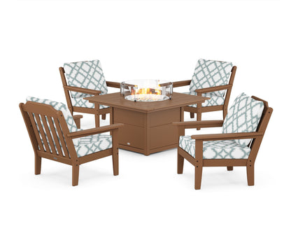 Country Living Cottage 5-Piece Deep Seating Set with Fire Pit Table in Teak / Trellis Glacier Spa