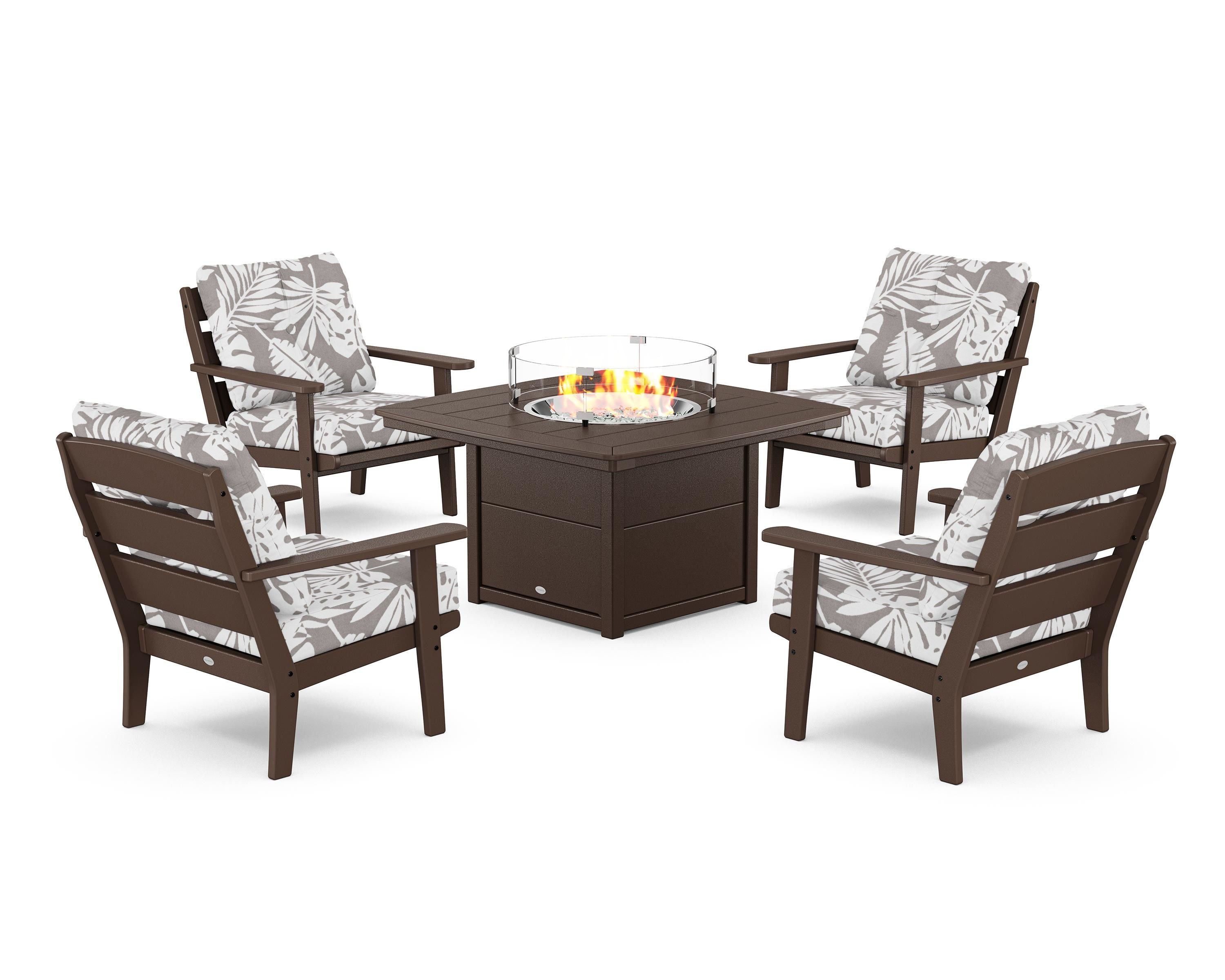 POLYWOOD® Lakeside 5-Piece Deep Seating Set with Nautical Fire Pit Table in Mahogany / Leaf Grey Mist