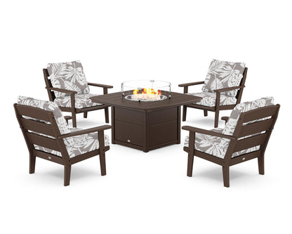 POLYWOOD® Lakeside 5-Piece Deep Seating Set with Nautical Fire Pit Table in Mahogany / Leaf Grey Mist