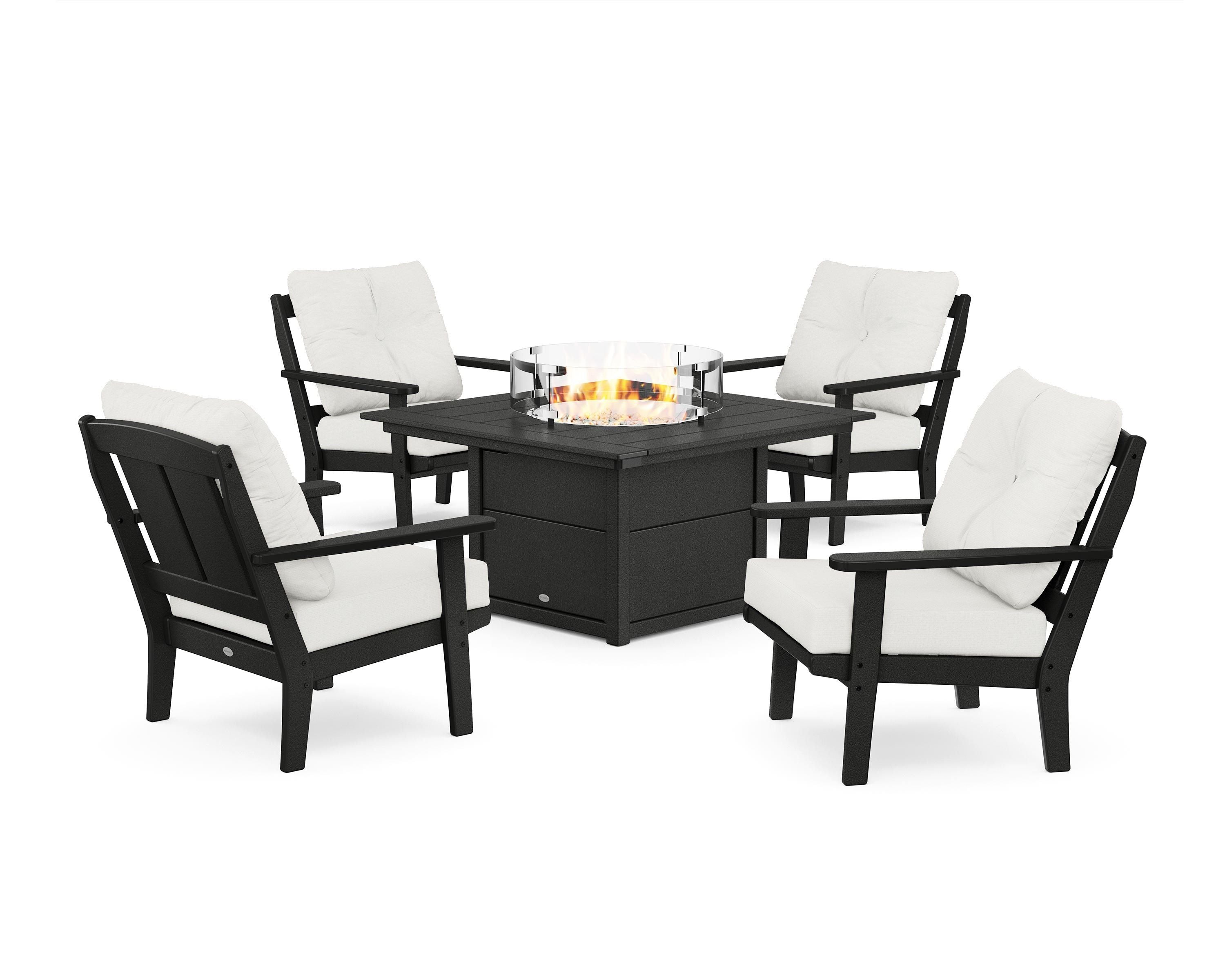 POLYWOOD® Mission 5-Piece Deep Seating Set with Fire Pit Table in Black / Natural Linen
