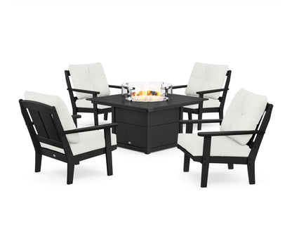 POLYWOOD® Mission 5-Piece Deep Seating Set with Fire Pit Table in Black / Natural Linen