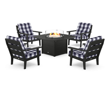 POLYWOOD® Lakeside 5-Piece Deep Seating Set with Nautical Fire Pit Table in Black / Buffalo Plaid Navy