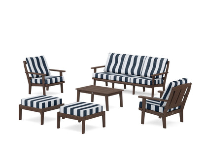 POLYWOOD® Mission 6-Piece Lounge Sofa Set in Mahogany / Cabana Stripe Marine Indigo