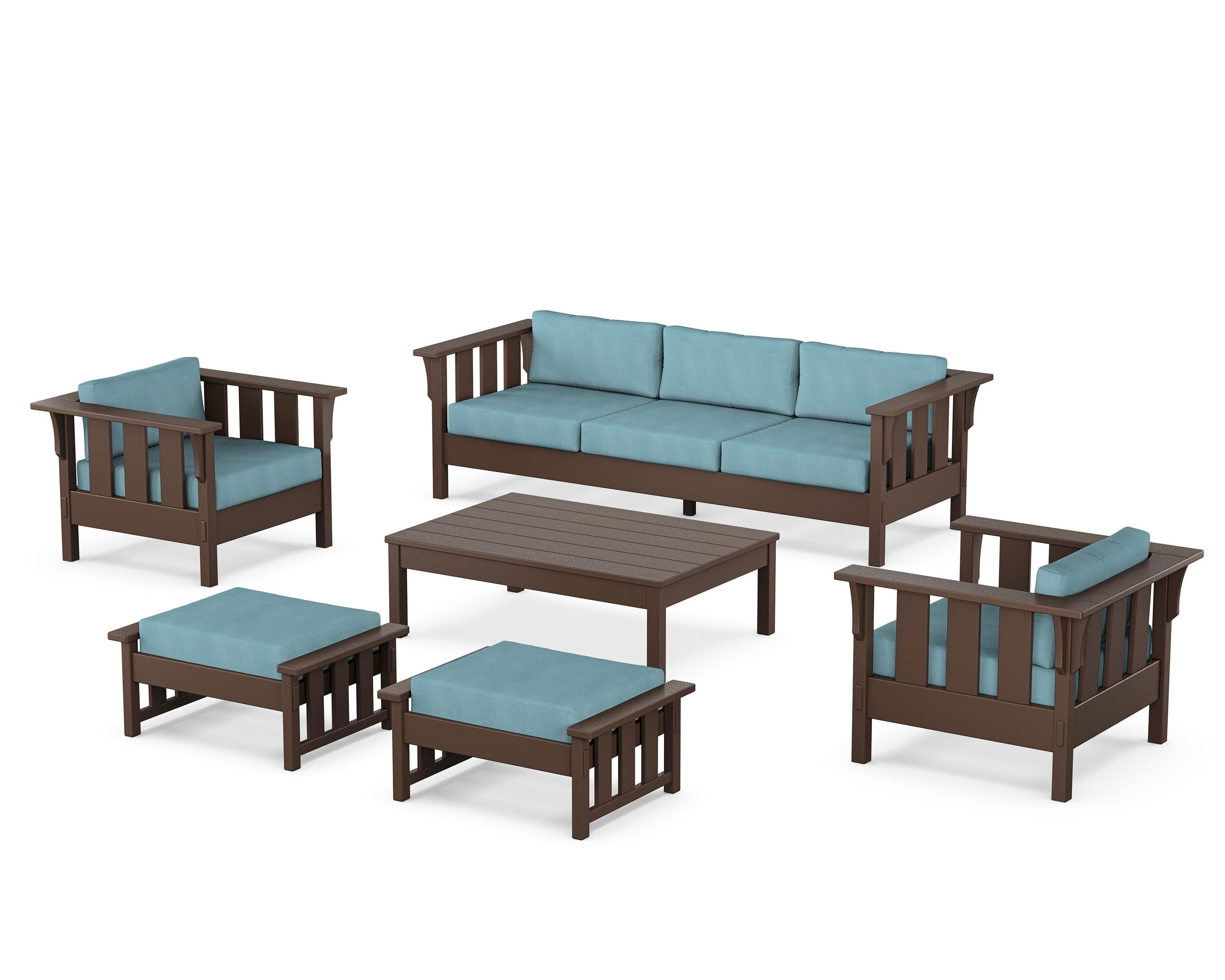 Martha Stewart by POLYWOOD® Acadia 6-Piece Lounge Sofa Set in Mahogany / Lattice Sky Blue