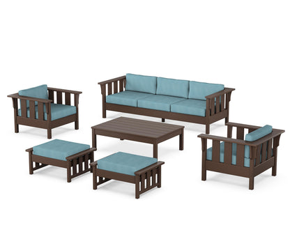 Martha Stewart by POLYWOOD® Acadia 6-Piece Lounge Sofa Set in Mahogany / Lattice Sky Blue