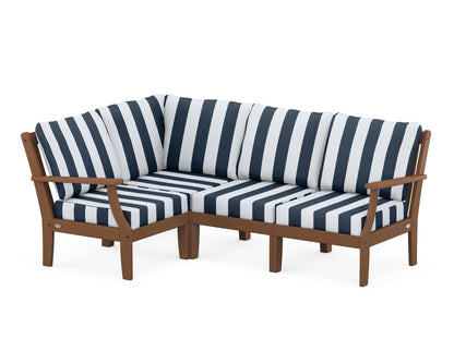 POLYWOOD® Braxton Modular 4-Piece Deep Seating Set in Teak / Cabana Stripe Marine Indigo