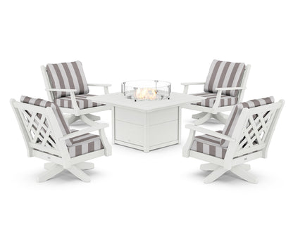 Country Living Wovendale 5-Piece Deep Seating Swivel Conversation Set with Fire Pit Table in White / Cabana Stripe Grey Mist