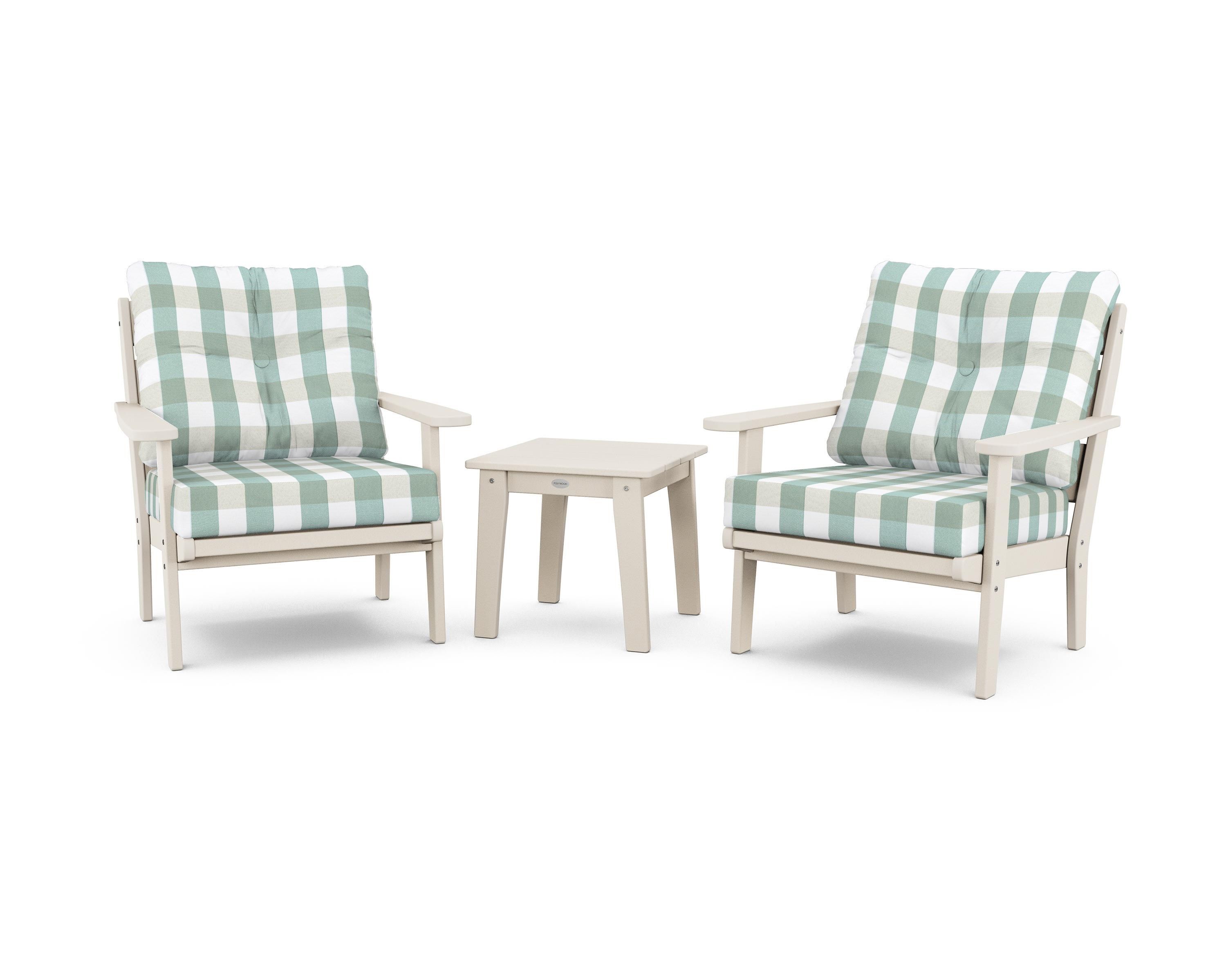 POLYWOOD® Lakeside 3-Piece Deep Seating Chair Set in Sand / Buffalo Plaid Glacier Spa
