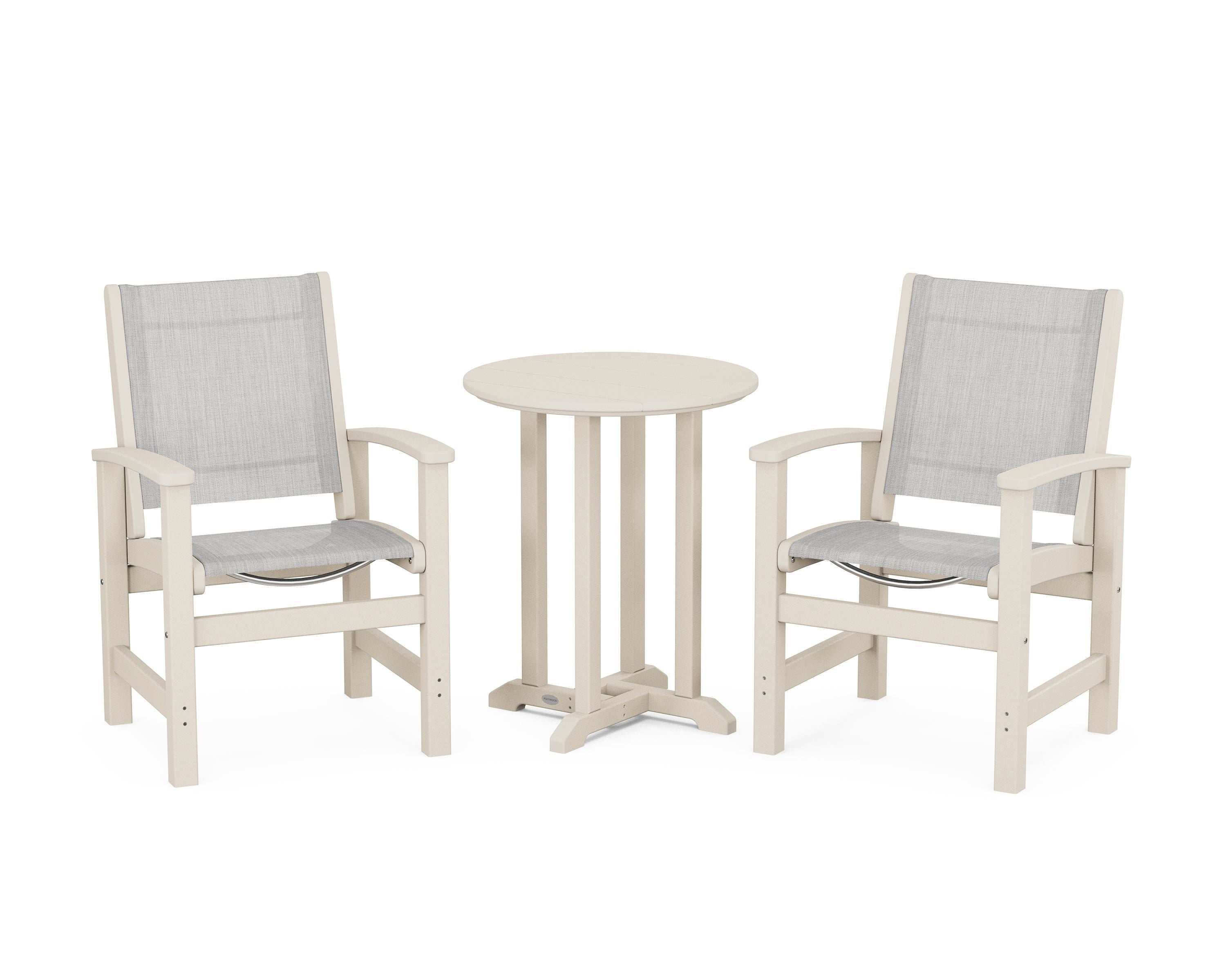POLYWOOD® Coastal 3-Piece Round Bistro Dining Set in Sand / Parchment Sling