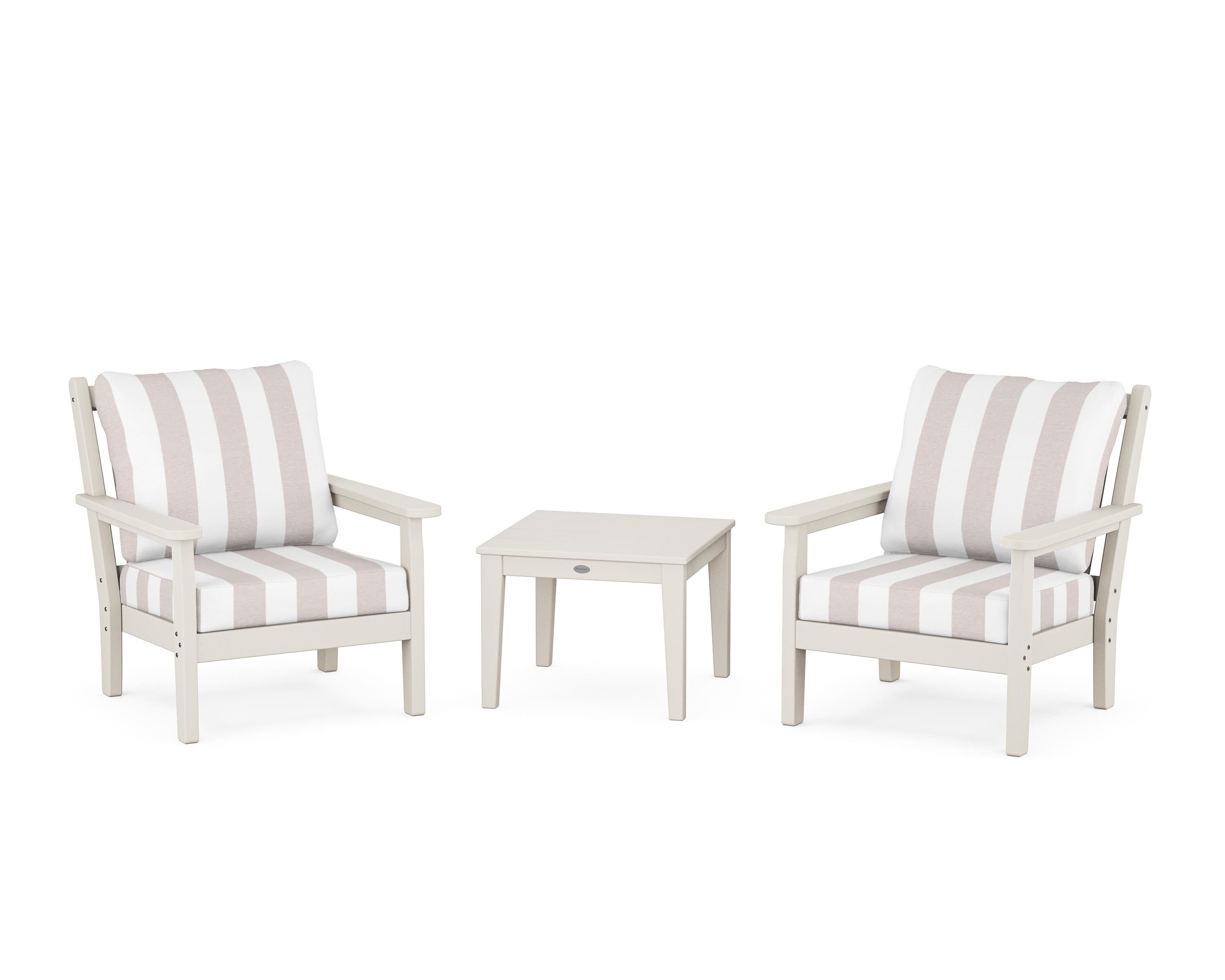 POLYWOOD® Chippendale 3-Piece Deep Seating Set in Sand / Cabana Stripe Dune Burlap