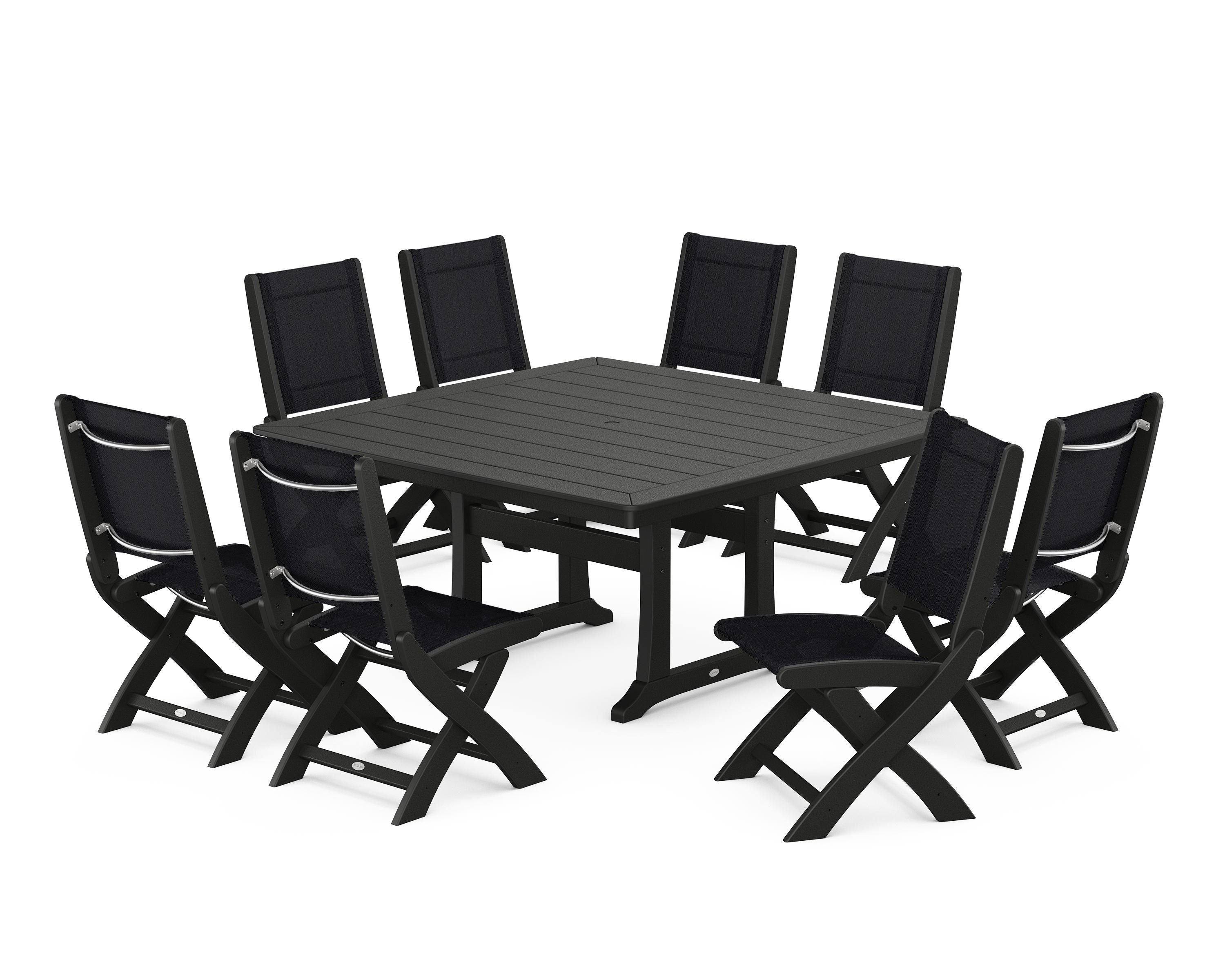 POLYWOOD® Coastal Folding Side Chair 9-Piece Dining Set with Trestle Legs in Black / Black Sling