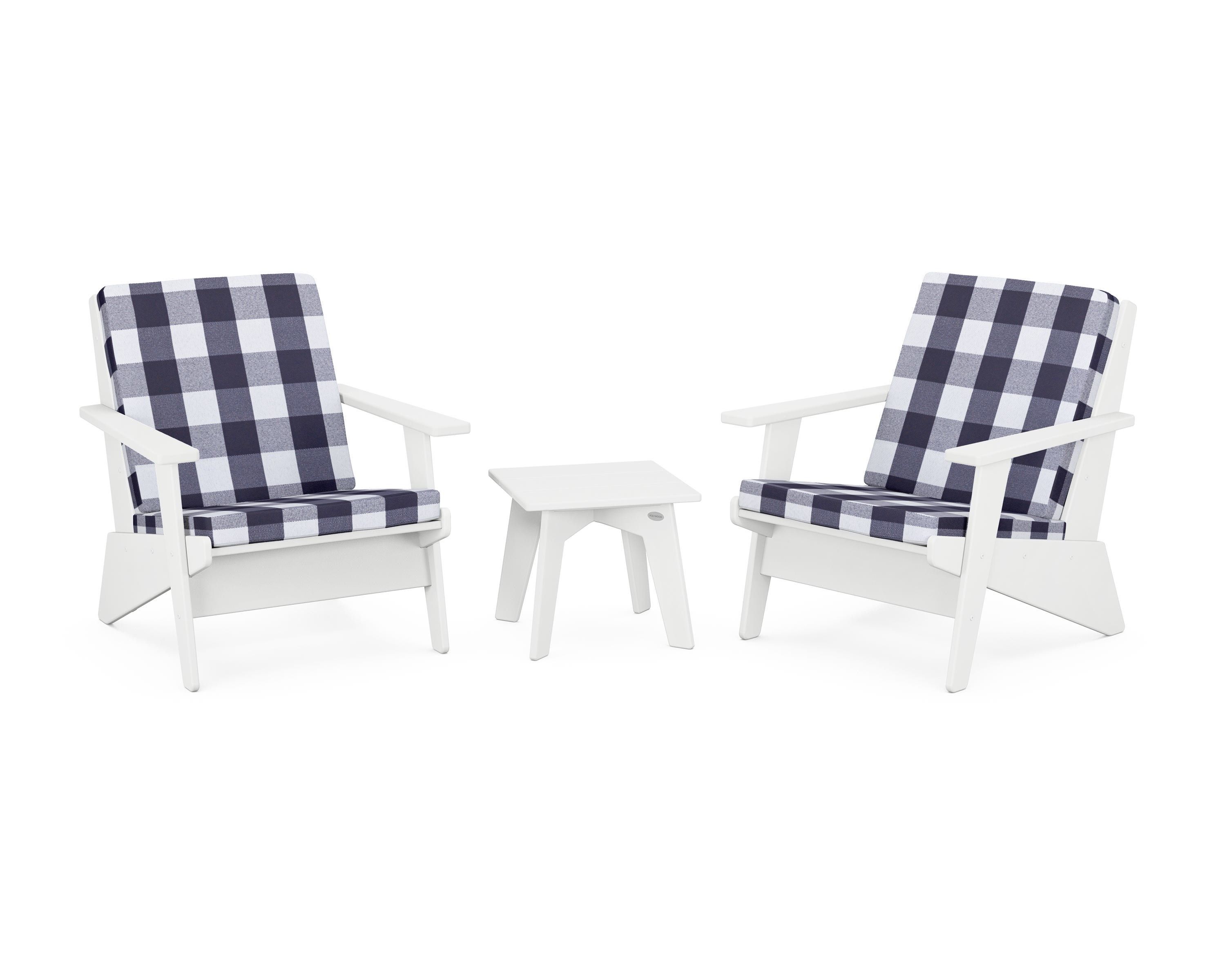 POLYWOOD® Riviera Modern Lounge 3-Piece Set in White / Buffalo Plaid Navy