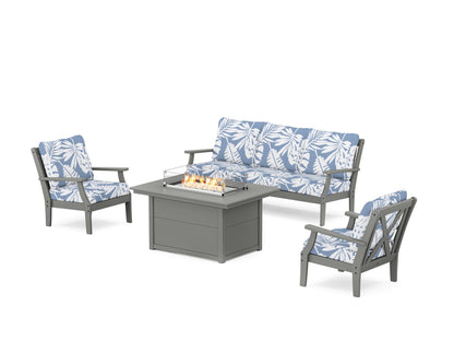 POLYWOOD® Braxton Deep Seating Fire Pit Table Set in Slate Grey / Leaf Sky Blue
