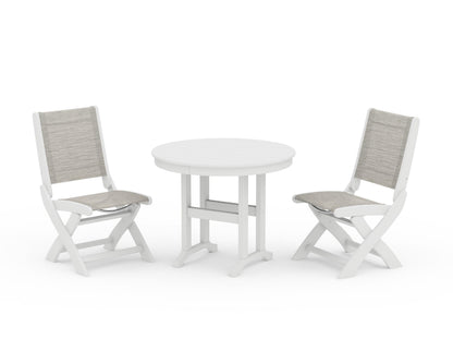 POLYWOOD® Coastal Folding Side Chair 3-Piece Round Dining Set in White / Birch Sling
