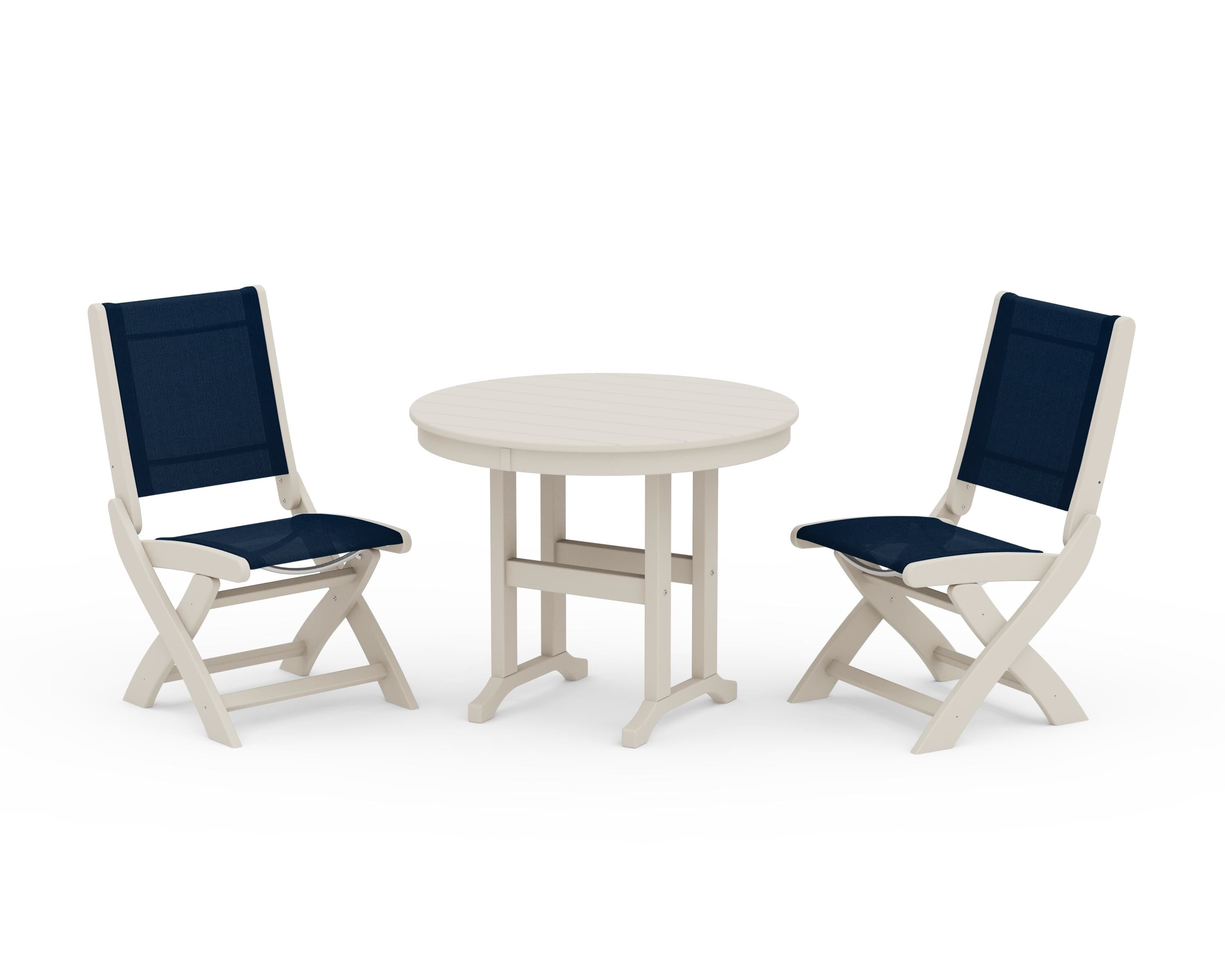POLYWOOD® Coastal Folding Side Chair 3-Piece Round Dining Set in Sand / Navy Blue Sling
