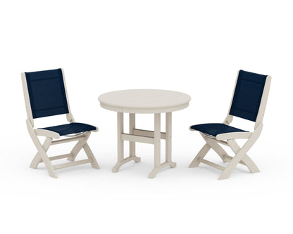 POLYWOOD® Coastal Folding Side Chair 3-Piece Round Dining Set in Sand / Navy Blue Sling