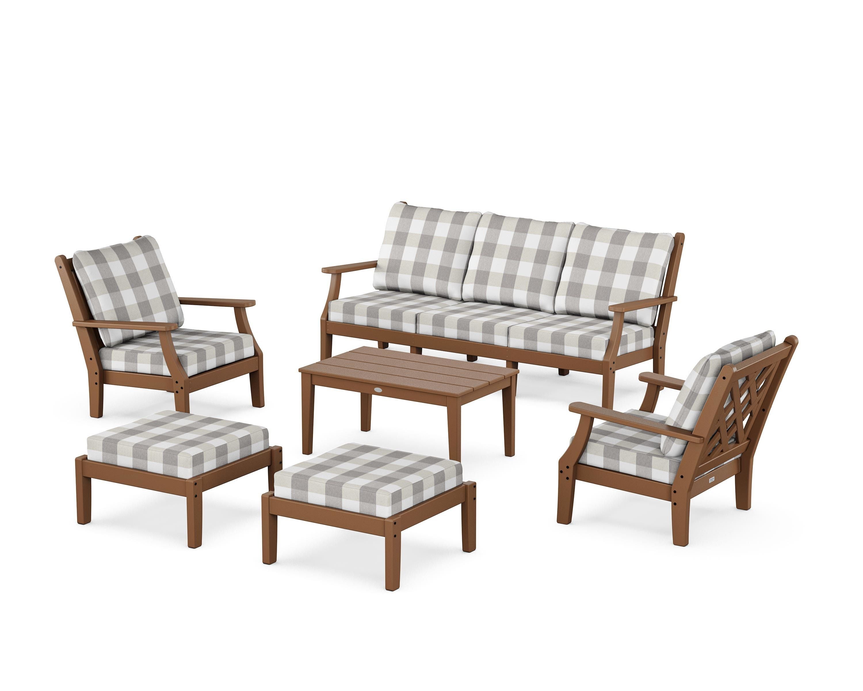 Country Living Wovendale 6-Piece Lounge Sofa Set in Teak / Buffalo Plaid Grey Mist