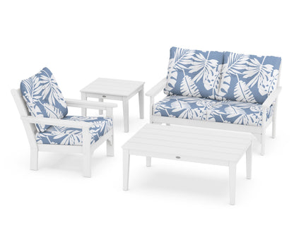 POLYWOOD® Vineyard 4-Piece Deep Seating Set in White / Leaf Sky Blue