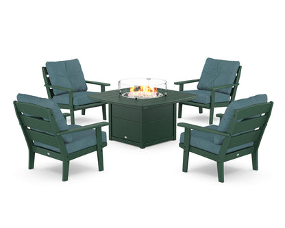 POLYWOOD® Lakeside 5-Piece Deep Seating Set with Nautical Fire Pit Table in Green / Ocean Teal