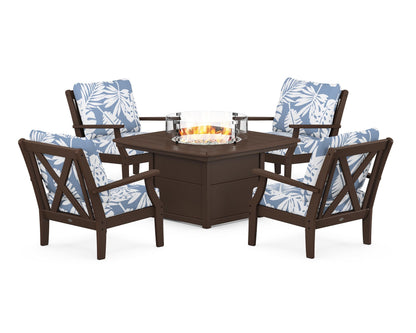 POLYWOOD® Braxton 5-Piece Deep Seating Conversation Set with Fire Pit Table in Mahogany / Leaf Sky Blue