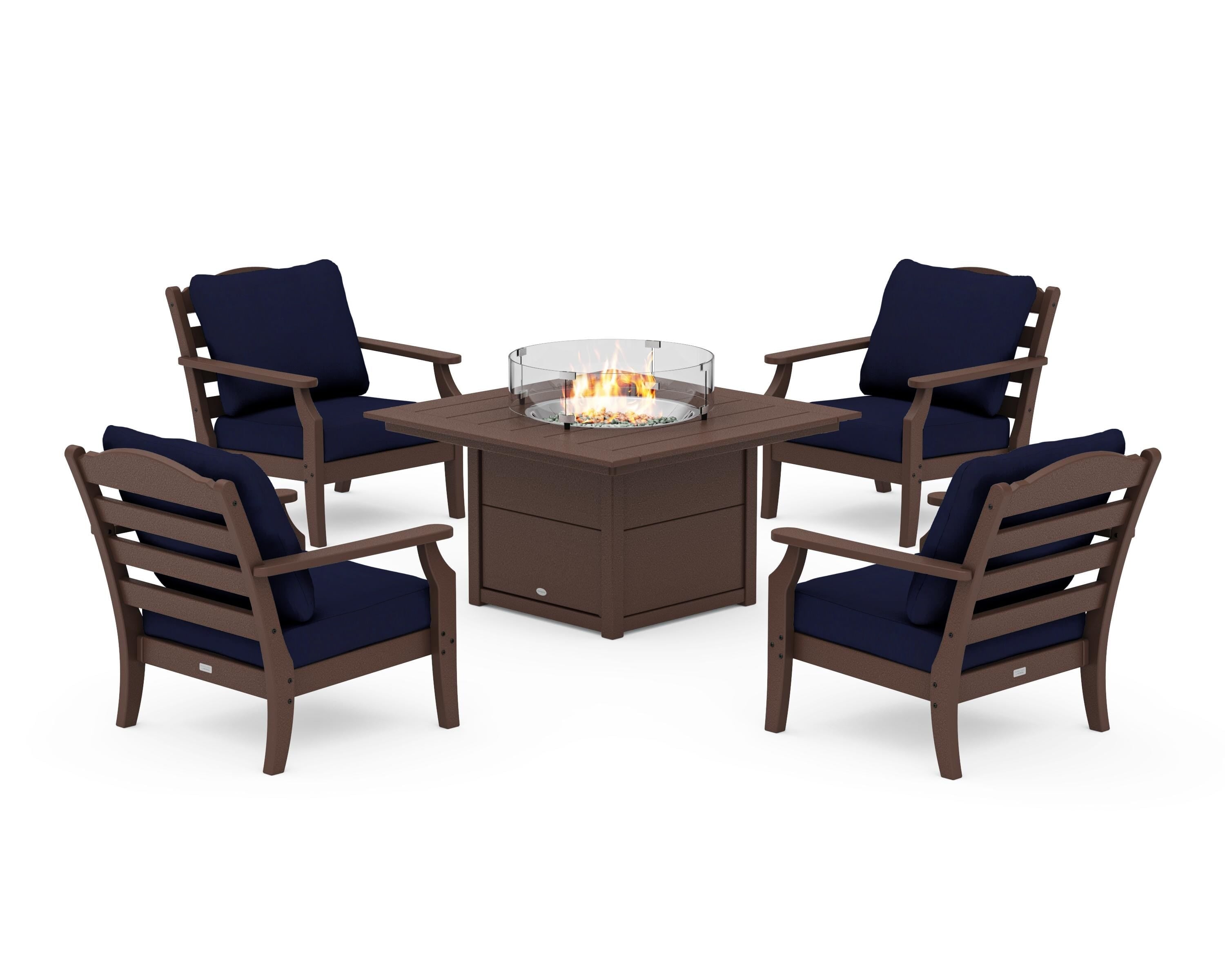 Draper James™ by  POLYWOOD® Savannah 5-Piece Deep Seating Set with Fire Pit Table in Mahogany / Navy