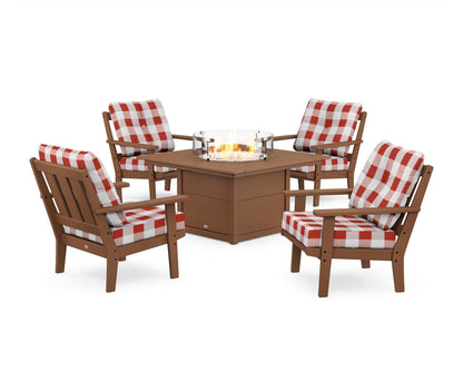 POLYWOOD® Oxford 5-Piece Deep Seating Set with Fire Pit Table in Teak / Buffalo Plaid Crimson