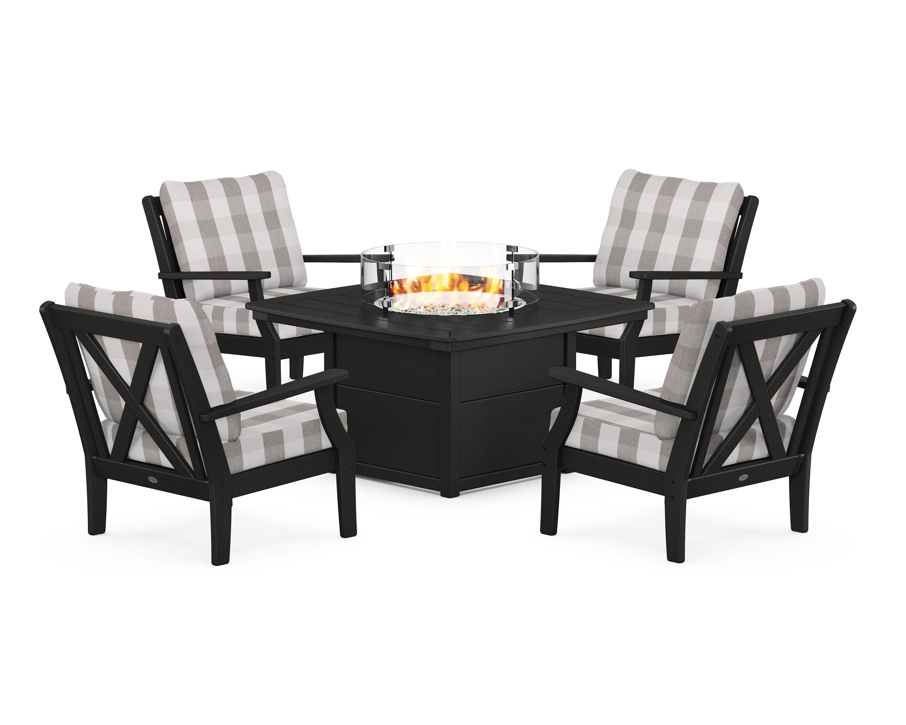 POLYWOOD® Braxton 5-Piece Deep Seating Conversation Set with Fire Pit Table in Black / Buffalo Plaid Grey Mist