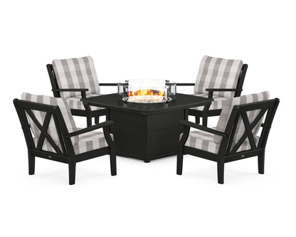 POLYWOOD® Braxton 5-Piece Deep Seating Conversation Set with Fire Pit Table in Black / Buffalo Plaid Grey Mist
