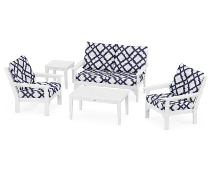 POLYWOOD® Vineyard 5-Piece Deep Seating Set in White / Trellis Navy