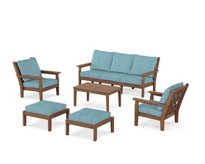 POLYWOOD® Chippendale 6-Piece Lounge Sofa Set in Teak / Lattice Sky Blue