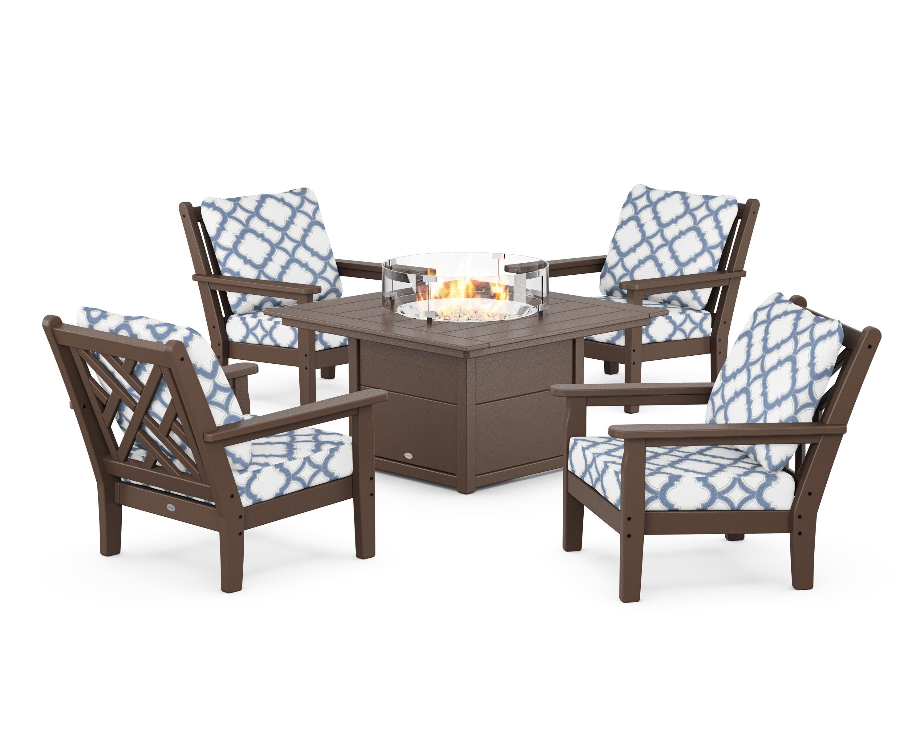 POLYWOOD® Chippendale 5-Piece Deep Seating Set with Fire Pit Table in Mahogany / Trellis Sky Blue