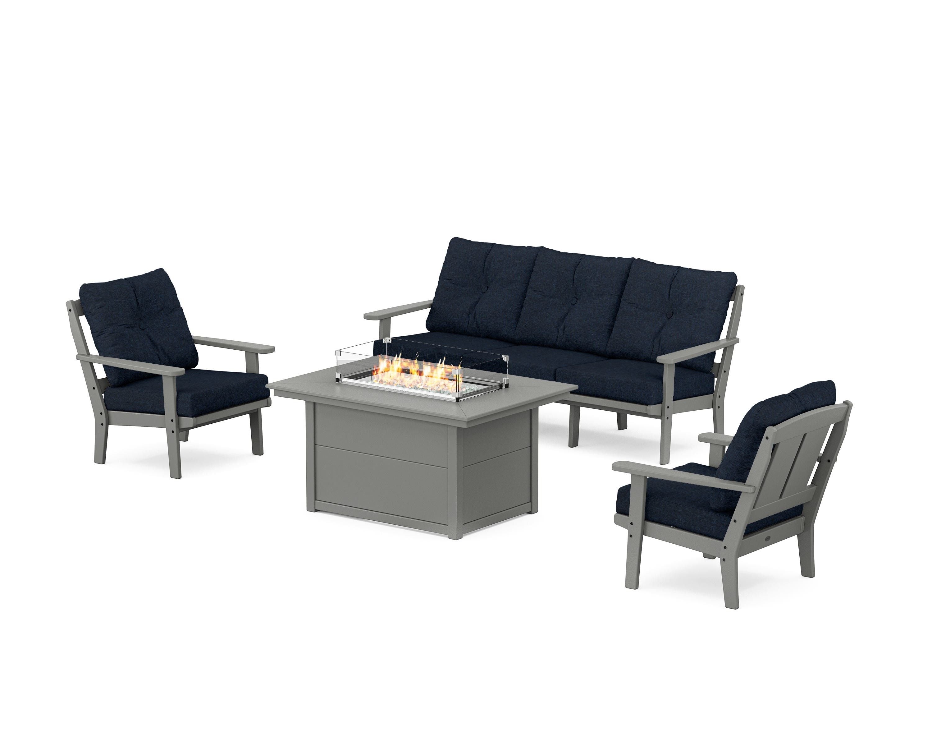 POLYWOOD® Mission Deep Seating Fire Pit Table Set in Slate Grey / Marine Indigo