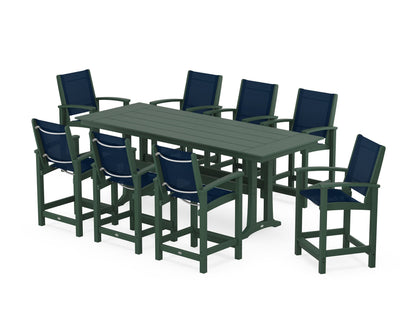 POLYWOOD® Coastal 9-Piece Farmhouse Counter Set with Trestle Legs in Green / Navy Blue Sling