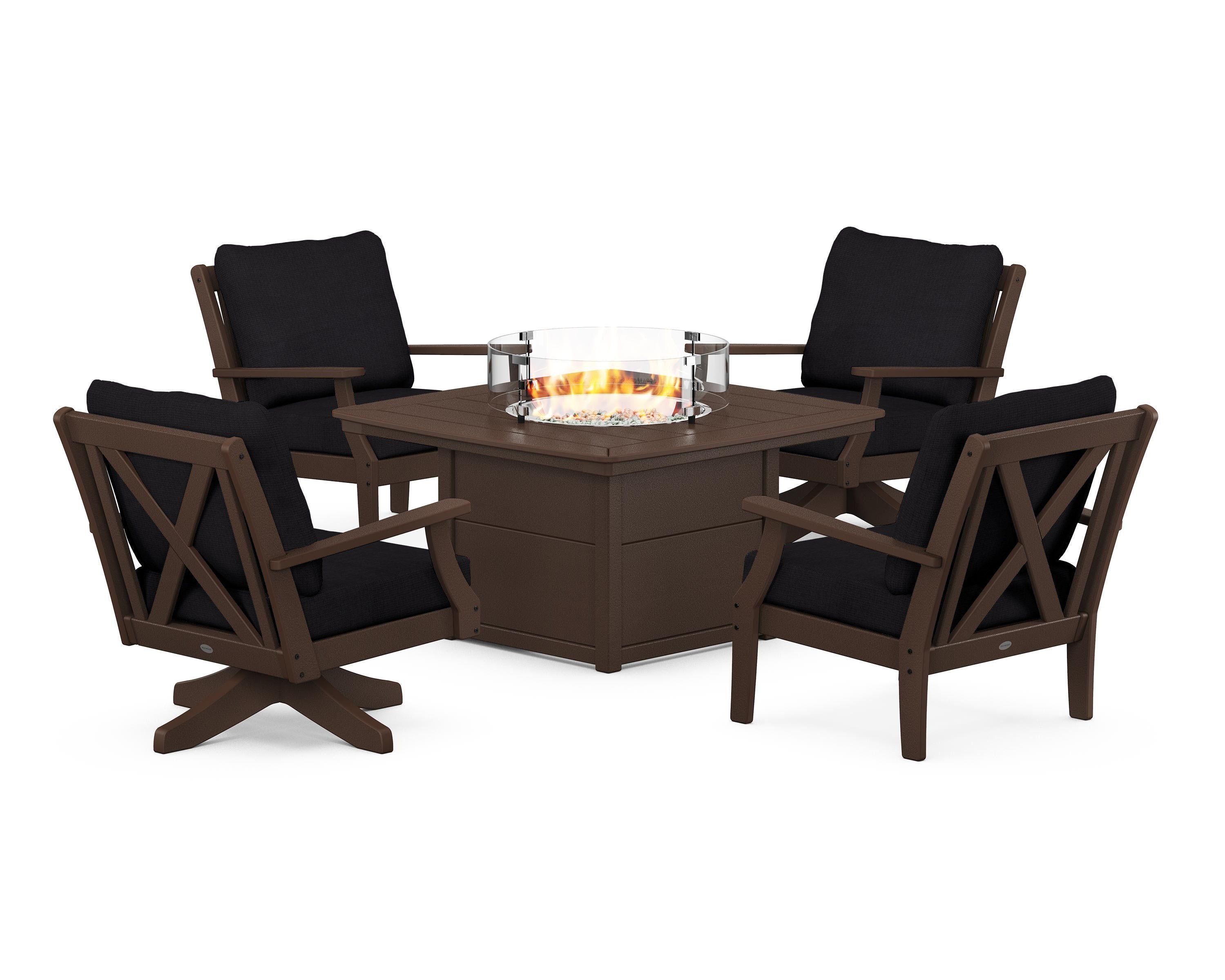POLYWOOD® Braxton 5-Piece Deep Seating Set with Fire Table in Mahogany / Midnight Linen